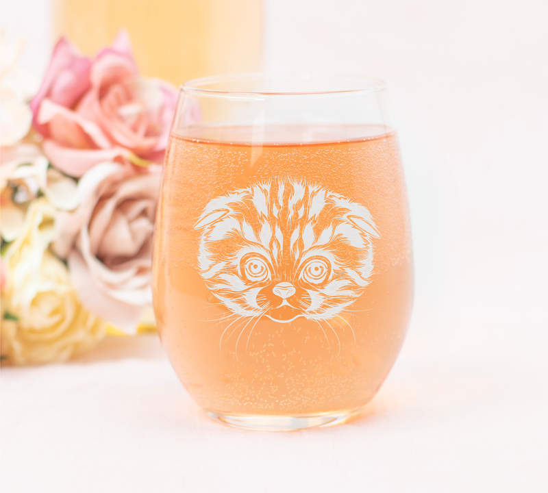 Cat Face Stemless Wine Glass - Cute Cat Themed Gift for Women and Men - 17 oz. (Style C2)