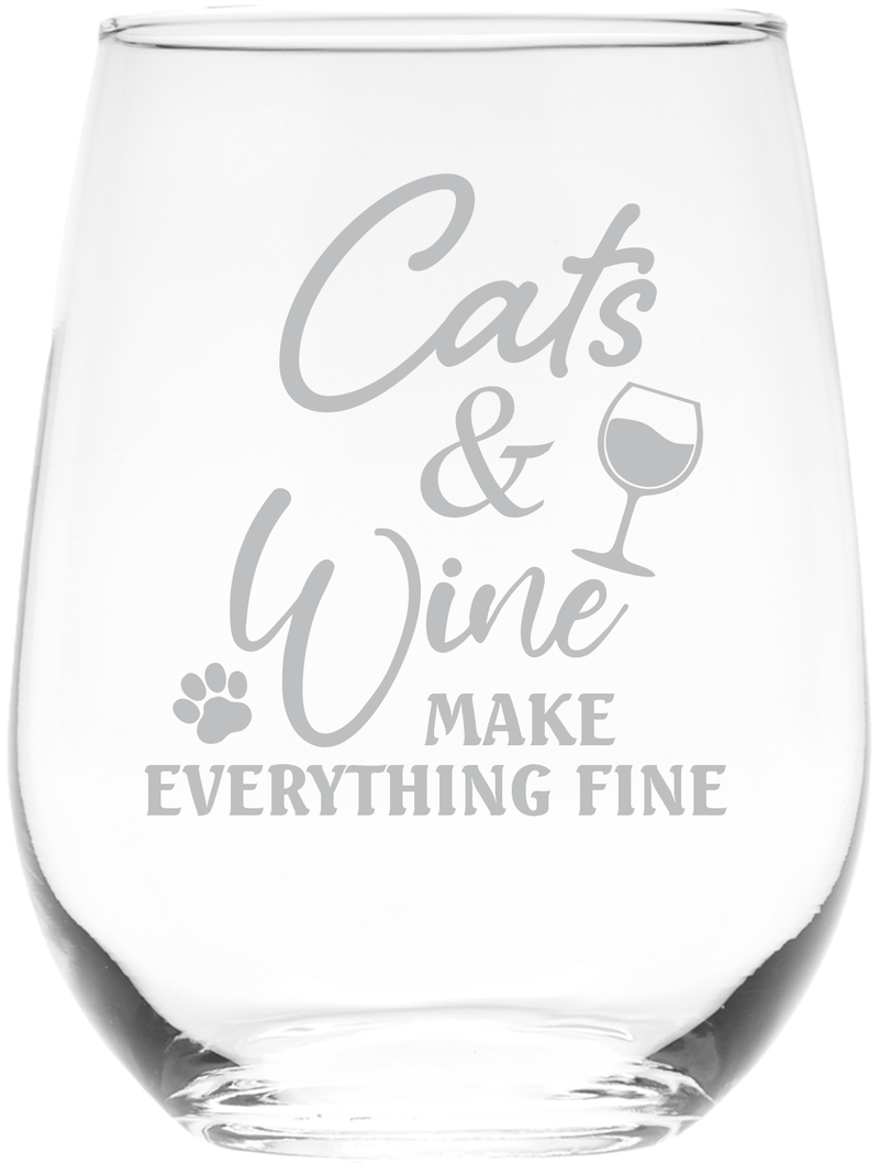 Cats and Wine Make Everything Fine Funny Stemless Wine Glass - Cat Lover Themed Gift for Women and Men - 17 oz. (Style CW2)