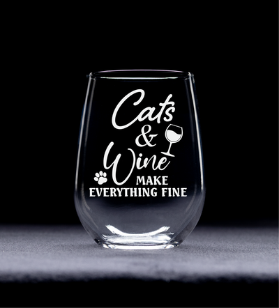 Cats and Wine Make Everything Fine Funny Stemless Wine Glass - Cat Lover Themed Gift for Women and Men - 17 oz. (Style CW2)