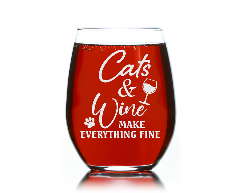 Cats and Wine Make Everything Fine Funny Stemless Wine Glass - Cat Lover Themed Gift for Women and Men - 17 oz. (Style CW2)