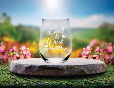 Cats and Wine Make Everything Fine Funny Stemless Wine Glass - Cat Lover Themed Gift for Women and Men - 17 oz. (Style CW2)