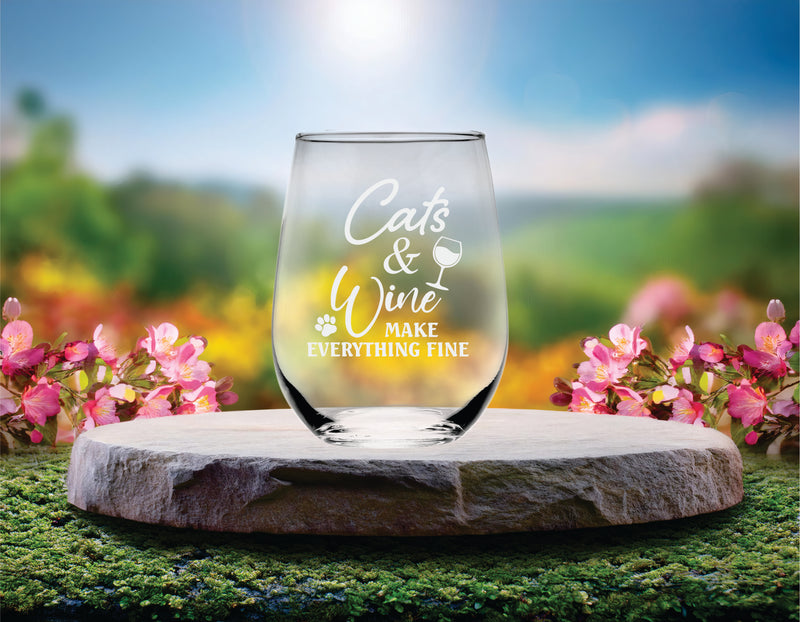 Cats and Wine Make Everything Fine Funny Stemless Wine Glass - Cat Lover Themed Gift for Women and Men - 17 oz. (Style CW2)