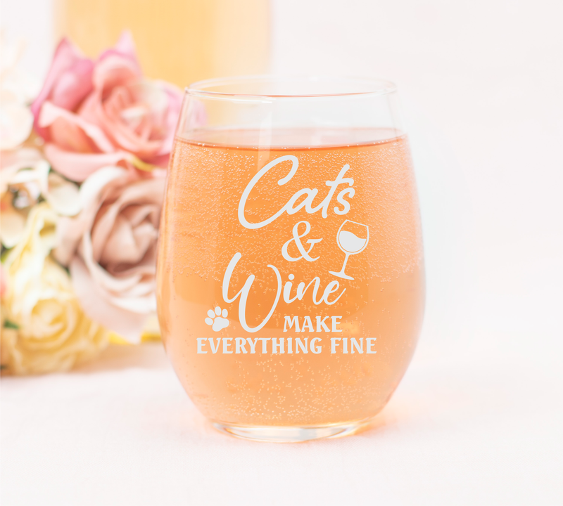 Cats and Wine Make Everything Fine Funny Stemless Wine Glass - Cat Lover Themed Gift for Women and Men - 17 oz. (Style CW2)