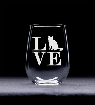 Cat Love Stemless Wine Glass - Cat Themed Gift for Women and Men - 17 oz. (Style CL2)