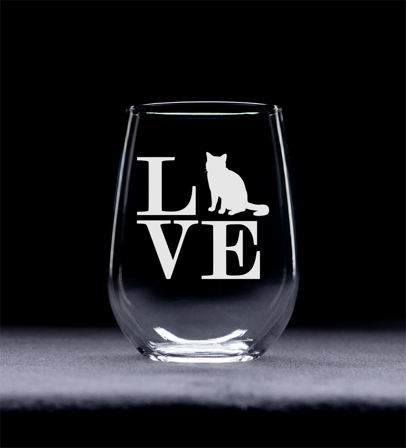 Cat Love Stemless Wine Glass - Cat Themed Gift for Women and Men - 17 oz. (Style CL2)