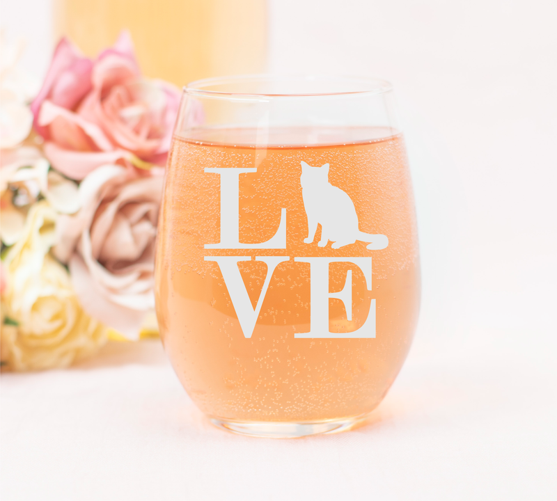 Cat Love Stemless Wine Glass - Cat Themed Gift for Women and Men - 17 oz. (Style CL2)