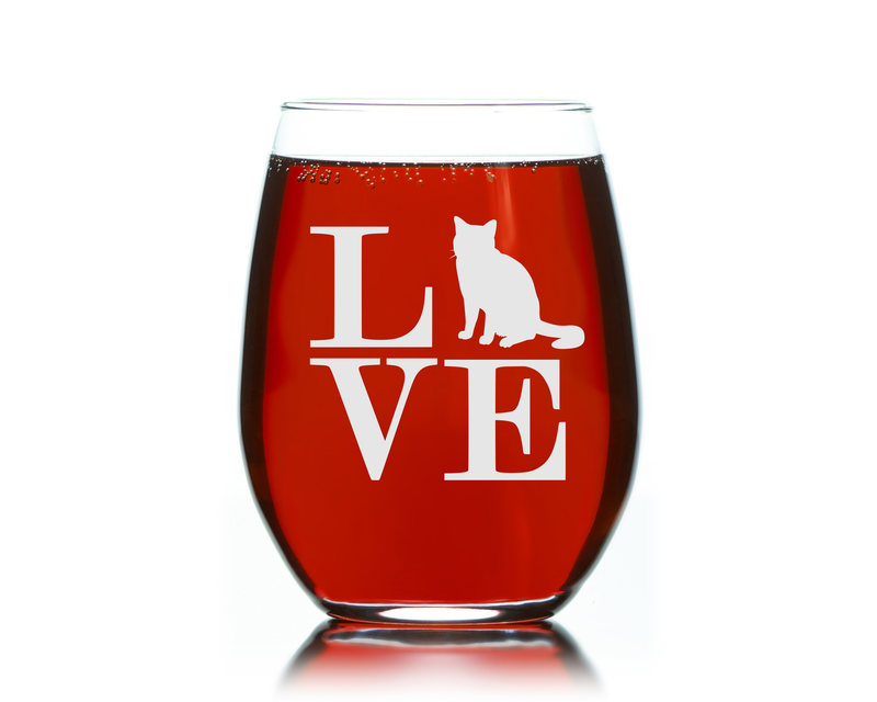 Cat Love Stemless Wine Glass - Cat Themed Gift for Women and Men - 17 oz. (Style CL2)