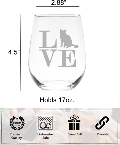 Cat Love Stemless Wine Glass - Cat Themed Gift for Women and Men - 17 oz. (Style CL2)