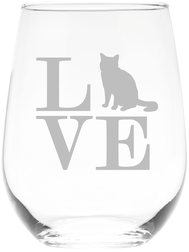 Cat Love Stemless Wine Glass - Cat Themed Gift for Women and Men - 17 oz. (Style CL2)