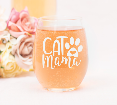 Cat Mama Stemless Wine Glass, 17 oz. - Gift for Cat Lovers for Women