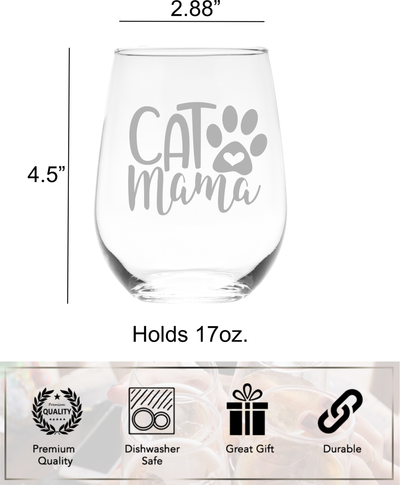 Cat Mama Stemless Wine Glass, 17 oz. - Gift for Cat Lovers for Women