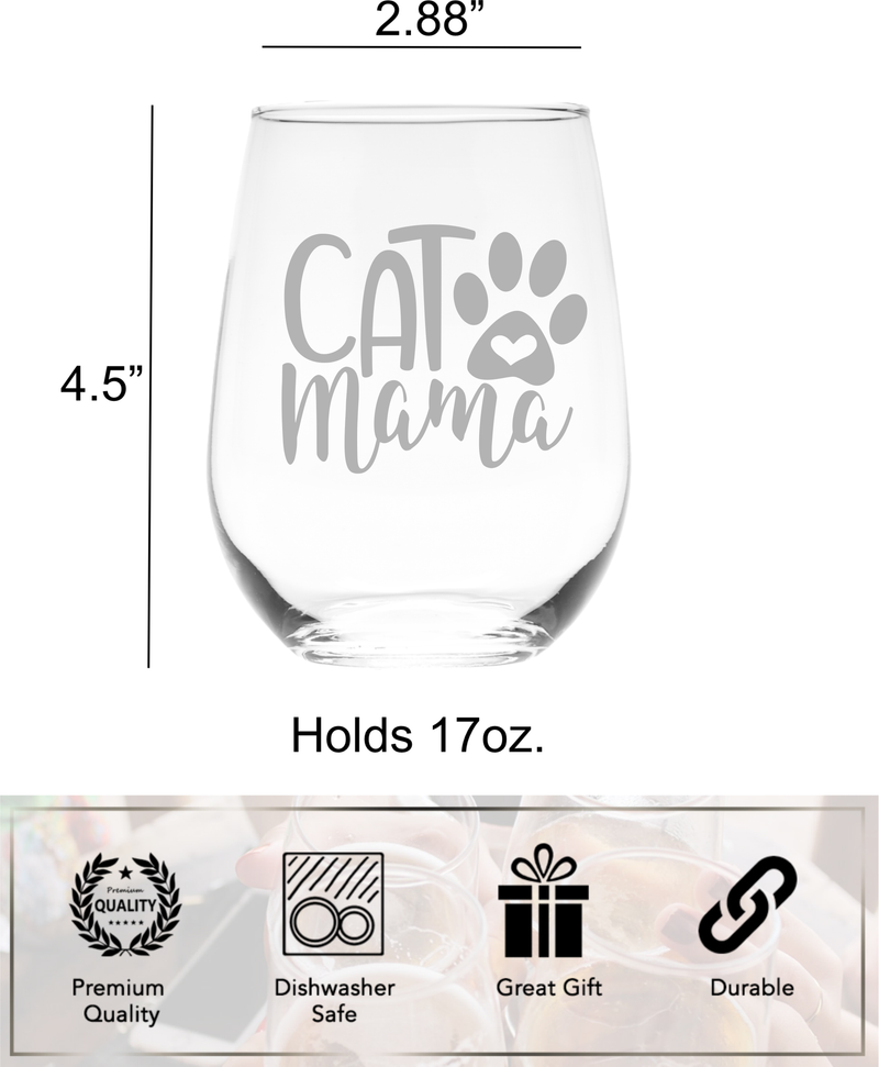 Cat Mama Stemless Wine Glass, 17 oz. - Gift for Cat Lovers for Women