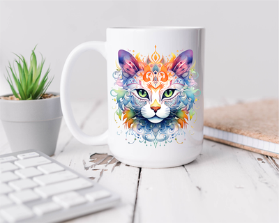 Cat Coffee Mug - 15oz  Ceramic Cat Design - Unique Gift for Cat Lovers - Mandala Pattern