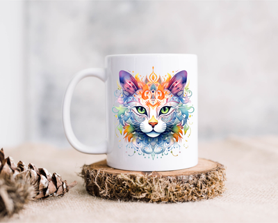 Cat Coffee Mug - 15oz  Ceramic Cat Design - Unique Gift for Cat Lovers - Mandala Pattern