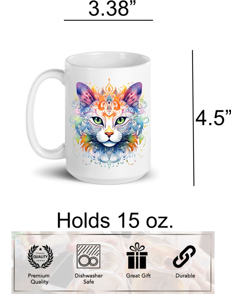 Cat Coffee Mug - 15oz  Ceramic Cat Design - Unique Gift for Cat Lovers - Mandala Pattern