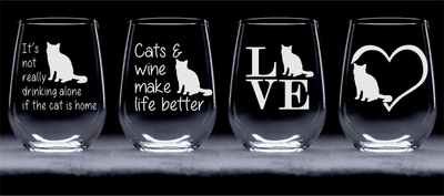 Cat Stemless Wine Glass Set - Cat Themed Gift for Women and Men - 4 Pieces
