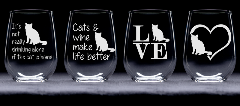 Cat Stemless Wine Glass Set - Cat Themed Gift for Women and Men - 4 Pieces