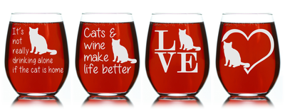 Cat Stemless Wine Glass Set - Cat Themed Gift for Women and Men - 4 Pieces