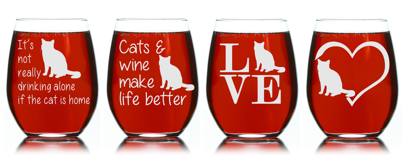 Cat Stemless Wine Glass Set - Cat Themed Gift for Women and Men - 4 Pieces