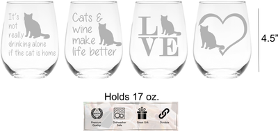 Cat Stemless Wine Glass Set - Cat Themed Gift for Women and Men - 4 Pieces