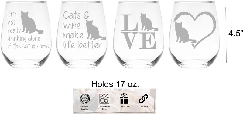 Cat Stemless Wine Glass Set - Cat Themed Gift for Women and Men - 4 Pieces