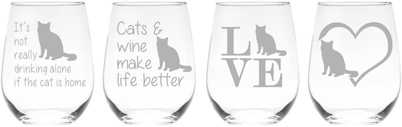 Cat Stemless Wine Glass Set - Cat Themed Gift for Women and Men - 4 Pieces