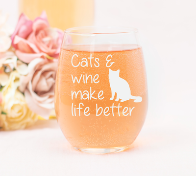 Cats and Wine Make Life Better Stemless Wine Glass -  Cat Lover Gift for Men and Women - 17 oz.