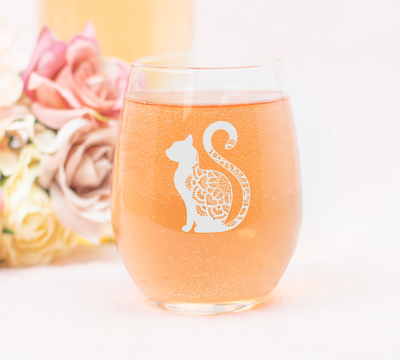 Cat Sitting Stemless Wine Glass - Cat Themed Gift for Women and Men - 17 oz.