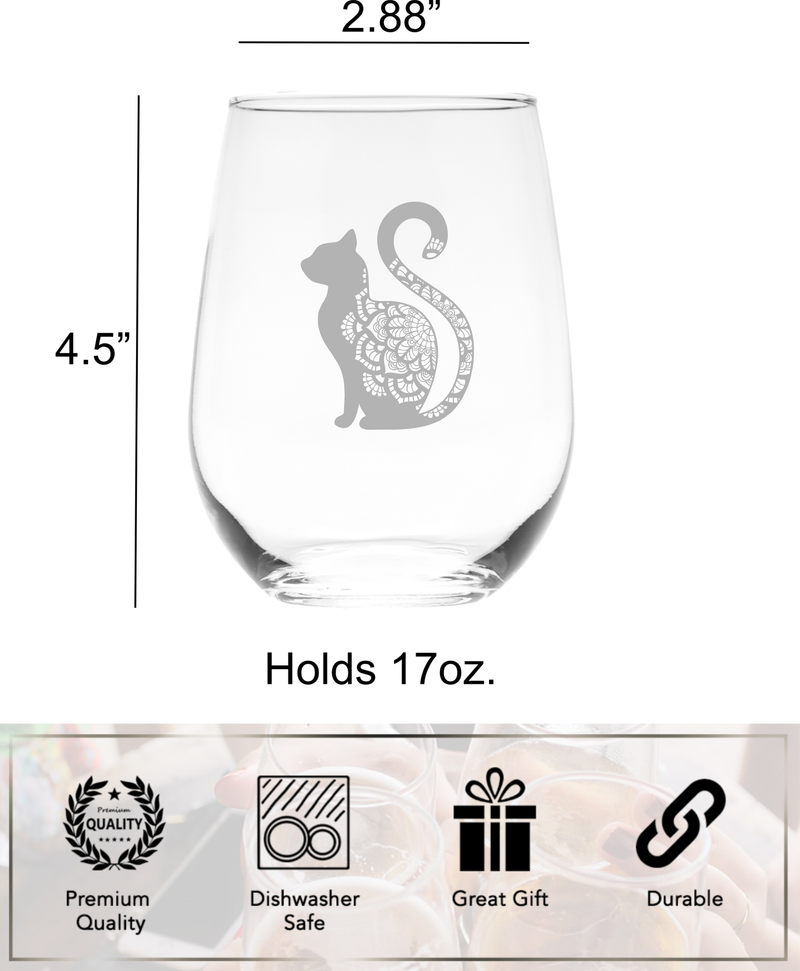 Cat Sitting Stemless Wine Glass - Cat Themed Gift for Women and Men - 17 oz.