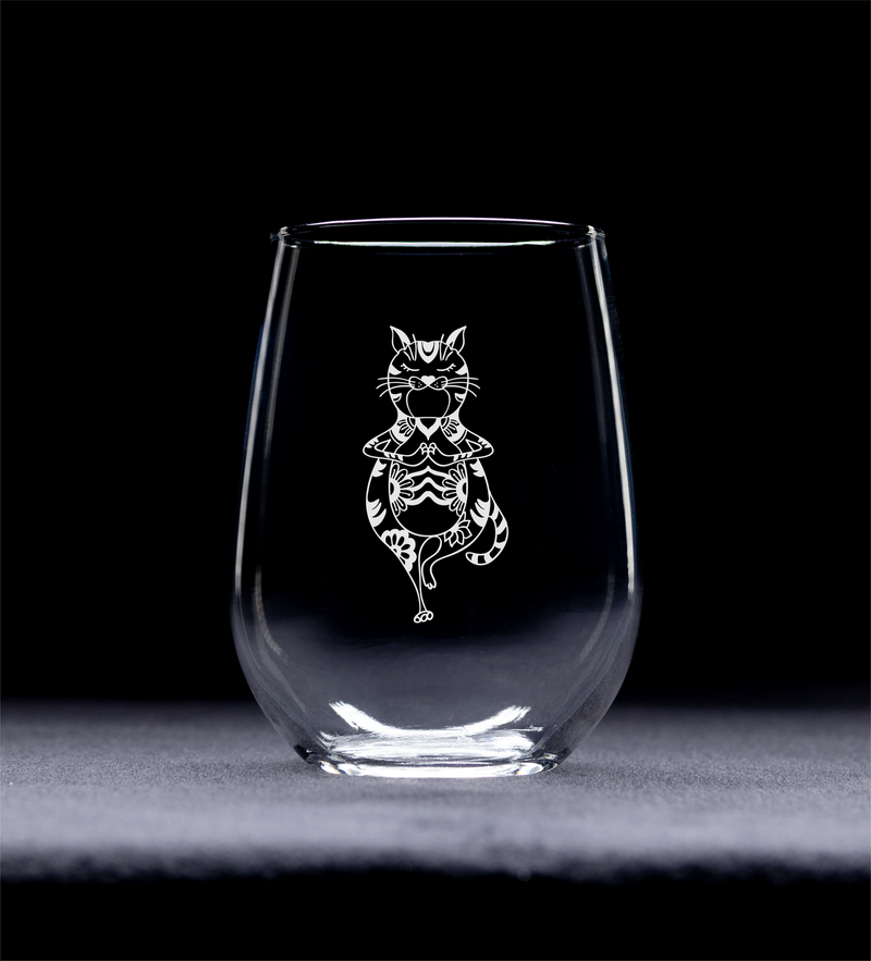 Cat Yoga - Funny Stemless Wine Glass - Cat Themed Gift for Women and Men -  17 oz.