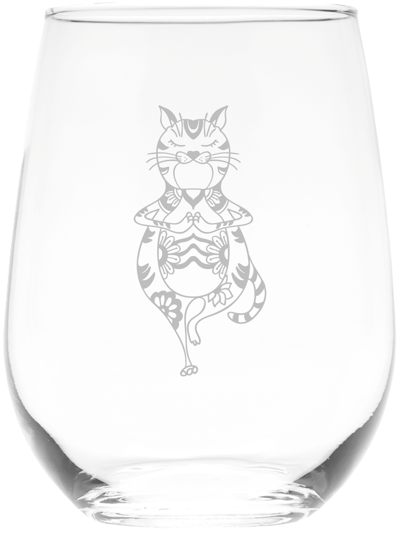 Cat Yoga - Funny Stemless Wine Glass - Cat Themed Gift for Women and Men -  17 oz.
