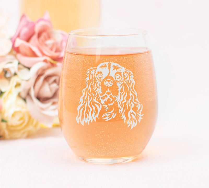 Cavalier King Charles Spaniel Themed, Dog Stemless Wine Glass - Dog Lover Gift for Men and Women - 17 oz.  (Style C2)
