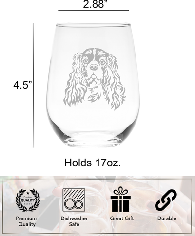 Cavalier King Charles Spaniel Themed, Dog Stemless Wine Glass - Dog Lover Gift for Men and Women - 17 oz.  (Style C2)
