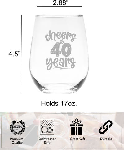 Cheers to 40 Years Stemless Wine Glass, 17 oz. - 40th Birthday Gift for Women and Men
