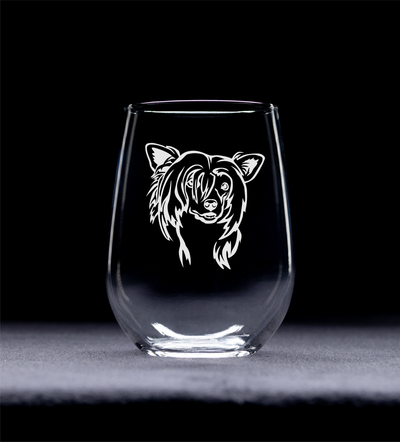 Chinese Crested Themed, Dog Stemless Wine Glass - Dog Lover Gift for Men and Women - 17 oz. (Style C2)