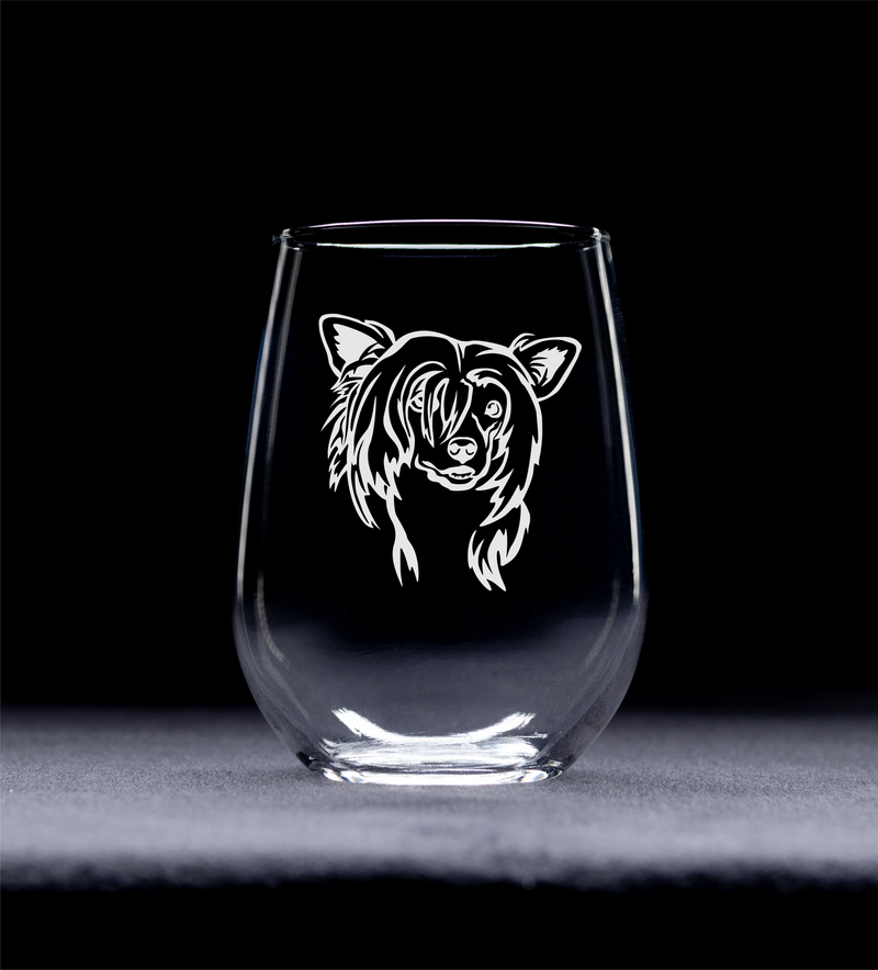 Chinese Crested Themed, Dog Stemless Wine Glass - Dog Lover Gift for Men and Women - 17 oz. (Style C2)