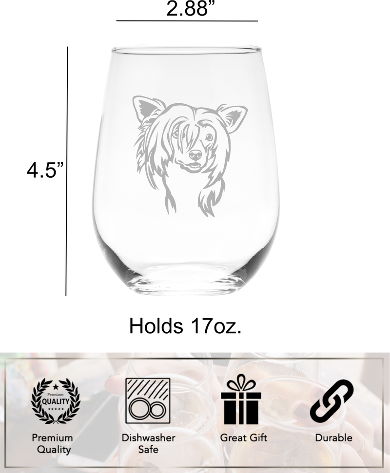 Chinese Crested Themed, Dog Stemless Wine Glass - Dog Lover Gift for Men and Women - 17 oz. (Style C2)