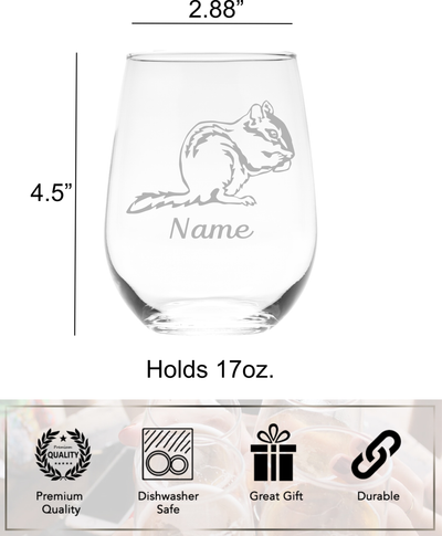 Chipmunk with Name 17 oz.  Custom Stemless Wine Glass - Personalized Chipmunk Themed Gift for Women and Men