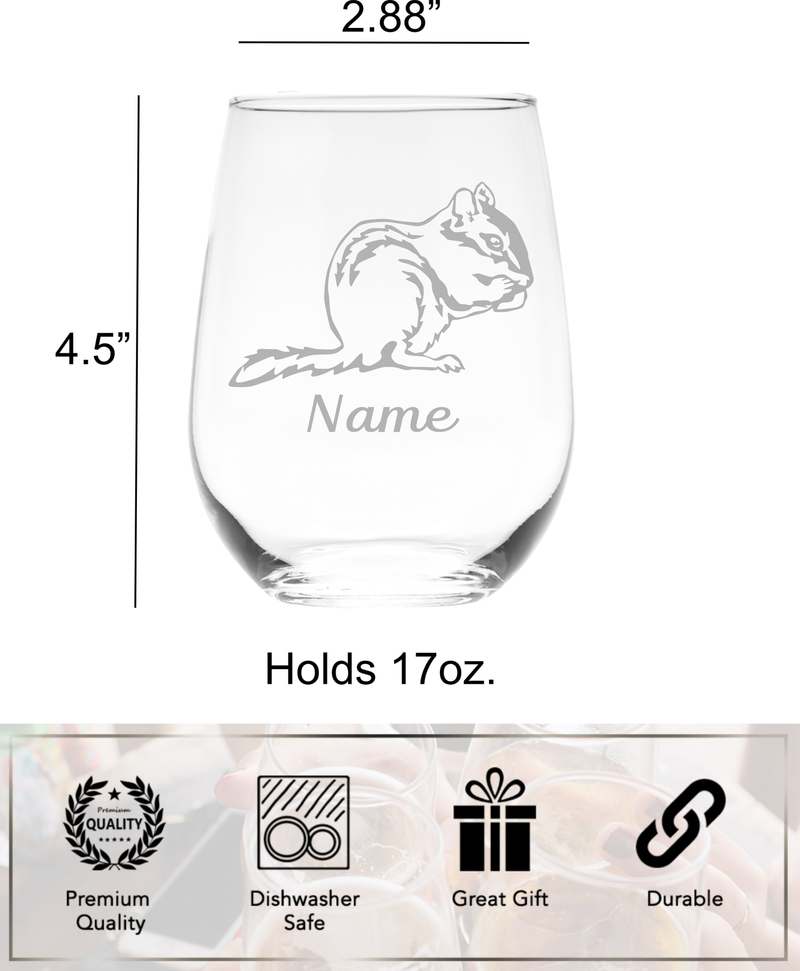 Chipmunk with Name 17 oz.  Custom Stemless Wine Glass - Personalized Chipmunk Themed Gift for Women and Men
