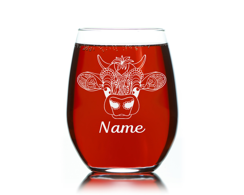 Cow with Name, 17 oz Custom Stemless Wine Glass - Personalized Cow Themed Gift for Men and Women