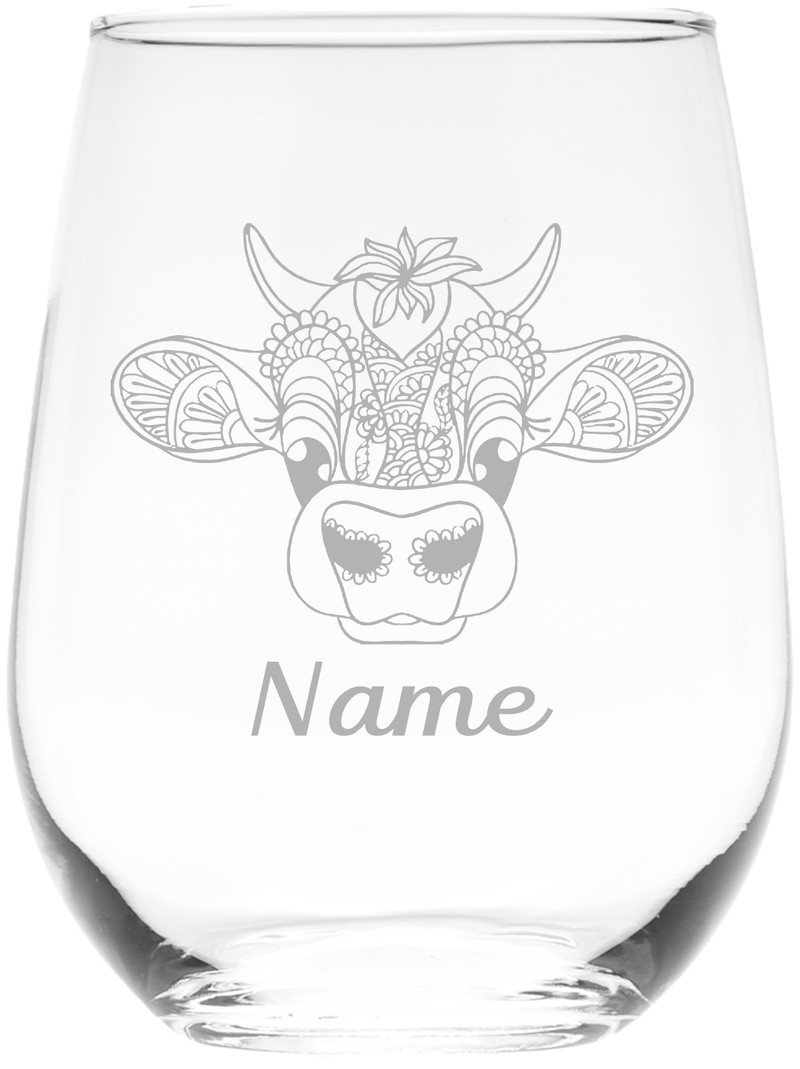 Cow with Name, 17 oz Custom Stemless Wine Glass - Personalized Cow Themed Gift for Men and Women