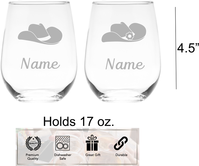 Personalized Cowboy and Cowgirl Hats with Names 17 oz. Stemless Wine Glass Set of 2 - Custom Western Themed  Gift for Men and Women