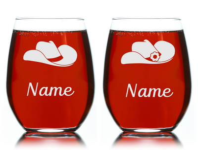 Personalized Cowboy and Cowgirl Hats with Names 17 oz. Stemless Wine Glass Set of 2 - Custom Western Themed  Gift for Men and Women