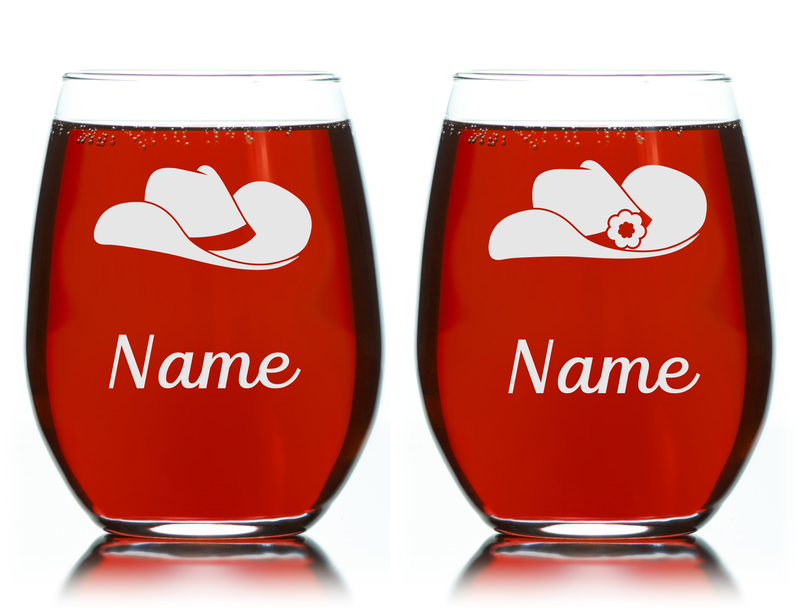 Personalized Cowboy and Cowgirl Hats with Names 17 oz. Stemless Wine Glass Set of 2 - Custom Western Themed  Gift for Men and Women