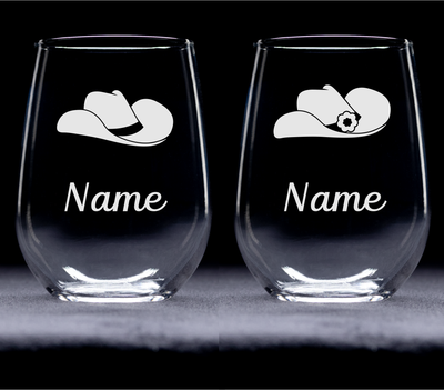 Personalized Cowboy and Cowgirl Hats with Names 17 oz. Stemless Wine Glass Set of 2 - Custom Western Themed  Gift for Men and Women