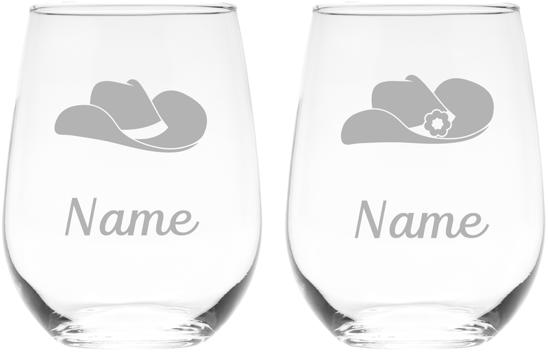 Personalized Cowboy and Cowgirl Hats with Names 17 oz. Stemless Wine Glass Set of 2 - Custom Western Themed  Gift for Men and Women