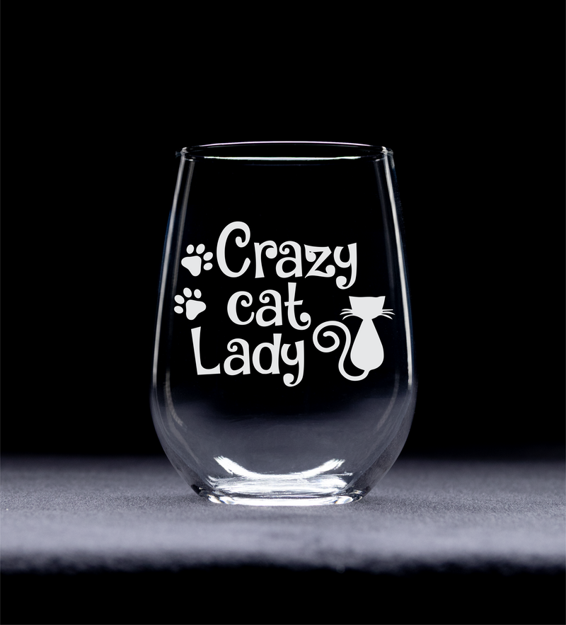 17 Oz Stemless Wine Glass – Crazy Cat Lady with Cute Cat and Paws Engraved Cocktail Glass