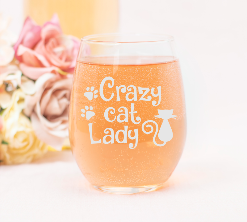 17 Oz Stemless Wine Glass – Crazy Cat Lady with Cute Cat and Paws Engraved Cocktail Glass