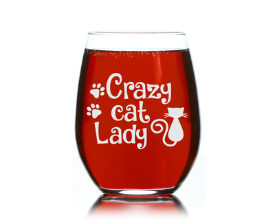 17 Oz Stemless Wine Glass – Crazy Cat Lady with Cute Cat and Paws Engraved Cocktail Glass
