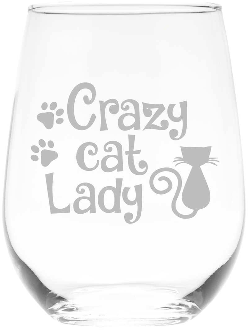 17 Oz Stemless Wine Glass – Crazy Cat Lady with Cute Cat and Paws Engraved Cocktail Glass